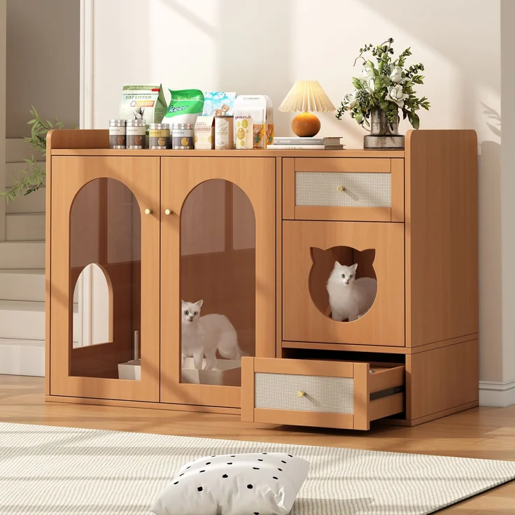 Mehrzweckiges Katzenhaus & Katzenkloschrank – haustiertierfreundlicher Beistellschrank mit Futterschalen, Katzenruheraum, Lagerbereich (ohne Katzenklo & Katzenkissen), Nussbaumfarben, 120x45x83 cm – Bild 8