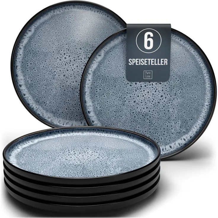 Steingut Teller Groß 6 Personen Ibiza TESTSIEGER, Traumhaftes Mediterranes Steingut Speiseteller Set, Stylisches Essteller Set, Pure Living in Rauchblau