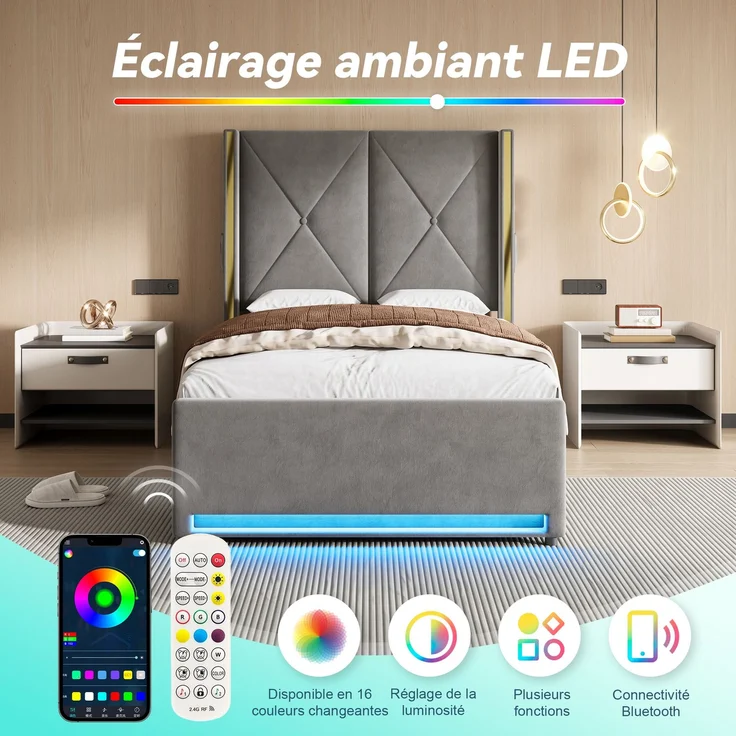 TavilaEcon Boxspringbett Veloursbett mit hohem Kopfteil, Seitentaschen & USB grau Liegefläche 90 × 200 cm – Bild 4