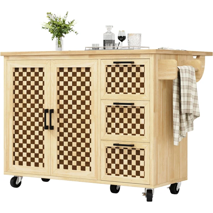 Merax Kücheninsel, Schrank, Buffetschrank, ausziehbarer Küchenwagen mit Rollen, mit Handtuchhalter, Türfachregal, zwei Türen, drei Schubladen, Schachbrettmuster, Holzmaserung – Bild 9