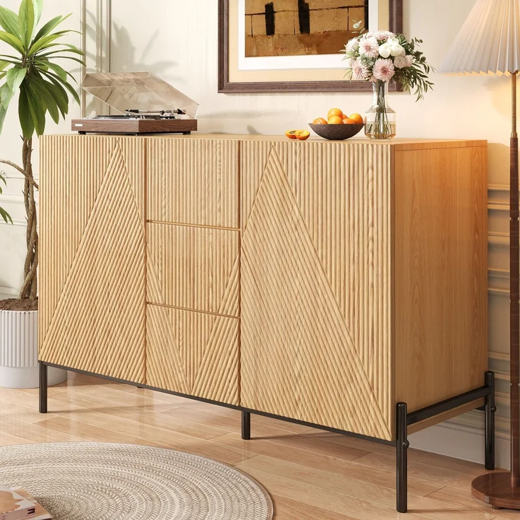 Merax Sideboard mit geometrischer Struktur, Doppeltüren, Mittlere Schublade, Viel Stauraum, Multifunktionaler Aufbewahrungsschrank für Wohn-/Esszimmer – Bild 2