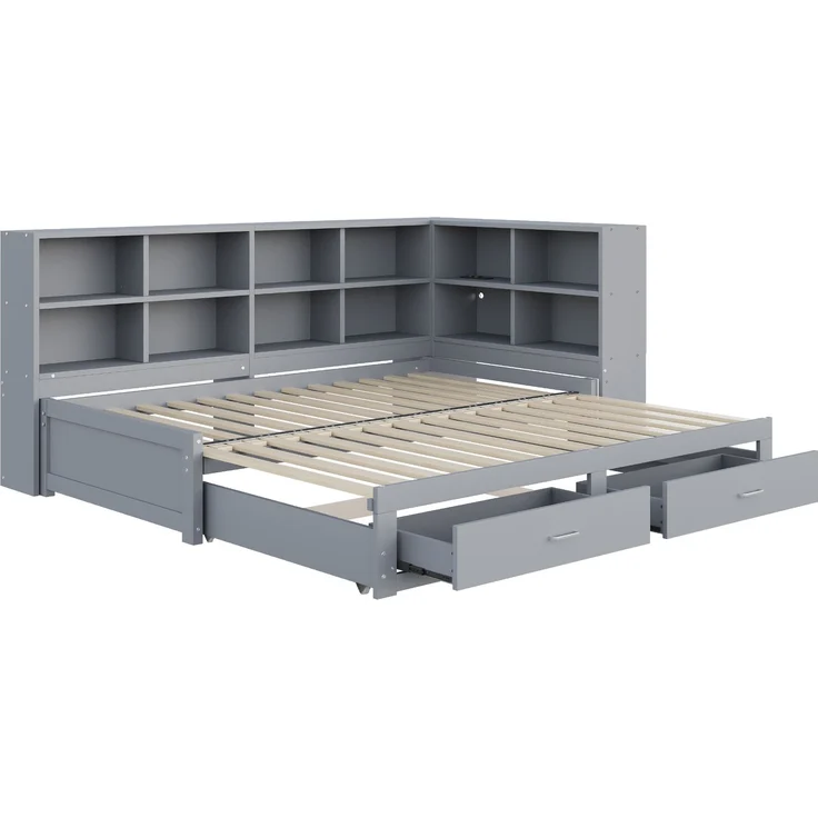 EINHOM Massivholzsofa 90 x 190 cm, mit Ausziehbarem Bett, mit Staufach, Schubladen, Lattenrost, Multifunktionales Einzelholzbett, Grau (Ohne Matratze) – Bild 7