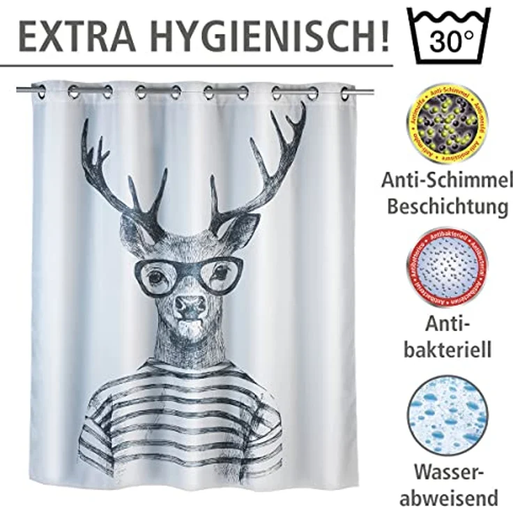 WENKO MR. DEER Duschvorhang 180 x 200 cm, Weiß/Grau, waschbar, Polyester – Bild 6