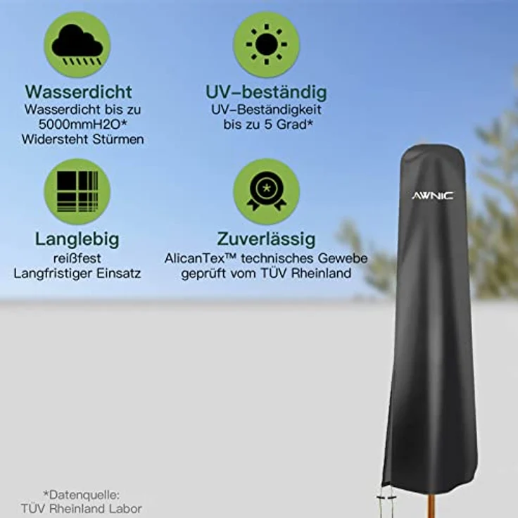 Awnic Schutzhülle Sonnenschirm 3m, Sonnenschirm Schutzhülle bis zu Ø360cm, 420D Oxford Abdeckhauben Sonnenschirm Wasserdicht, Wetterfeste, UV-Beständiges, Schutzhülle für Sonnenschirme 190×30/40/50cm – Bild 4