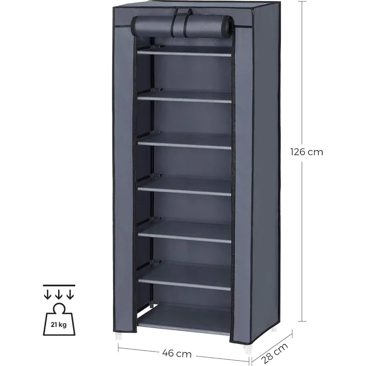 SONGMICS Schuhregal mit 7 Ebenen, 28 x 46 x 126 cm, Schuhschrank, Schuhaufbewahrung, mit staubdichtem Überzug, Schuh-Organizer, für High Heels, Sportschuhe, Metallgestell, grau RXJ024G02 – Bild 5