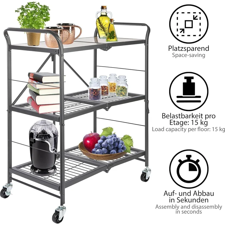 ONVAYA® Küchenwagen James klappbar | Servierwagen auf Rollen | Etagenwagen | Beistellwagen für Küche und Wohnzimmer | Grau – Bild 3