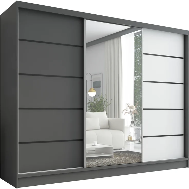 A&J MöbelLand Schwebetürenschrank AURELIA, Graphit, Graphit, Weiß, Leiste: Schwarz – Bild 1