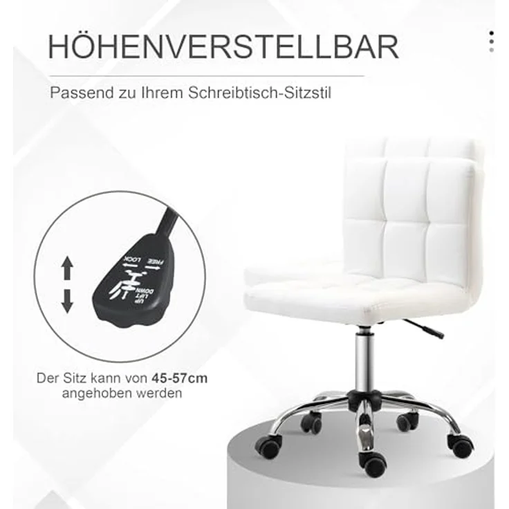 HOMCOM Bürostuhl Ergonomischer Höhenverstellbarer Drehstuhl (Schreibtischstuhl, 1 St), mit 5 Nylonrädern, für Büro, Arbeitszimmer, Weiß – Bild 4