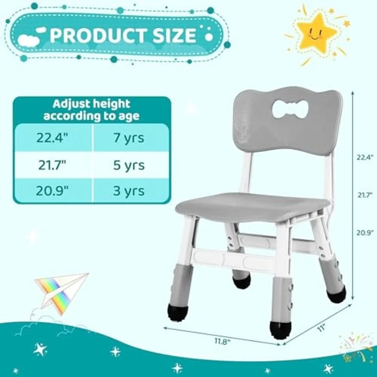 Clevich Kinder Schreibtischstuhl, Kinderstuhl Plastik bis 100KG, Kinder Stuhl Höhenverstellbar, mit Rückenlehne, ab 2 Jahr, Schule, Kinderzimmer, Tagespflege, Kindermöbel (Grau, 4PCS) – Bild 4