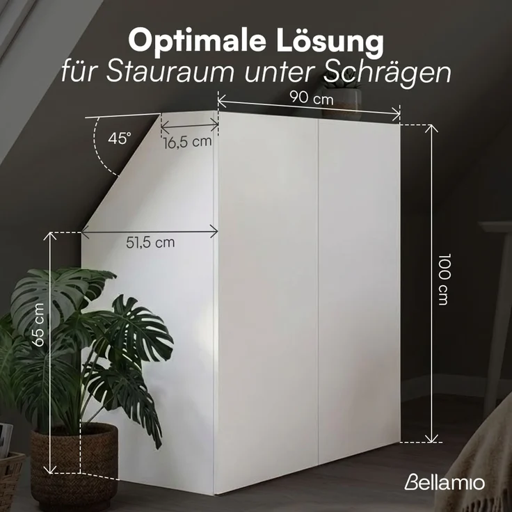 Bellamio 'Aland' Dachschrägenregal mit Türen, weiß, 100x52x90 cm, mit Push-to-open, Schrank für Dachschräge mit 3 Fächern – Bild 6
