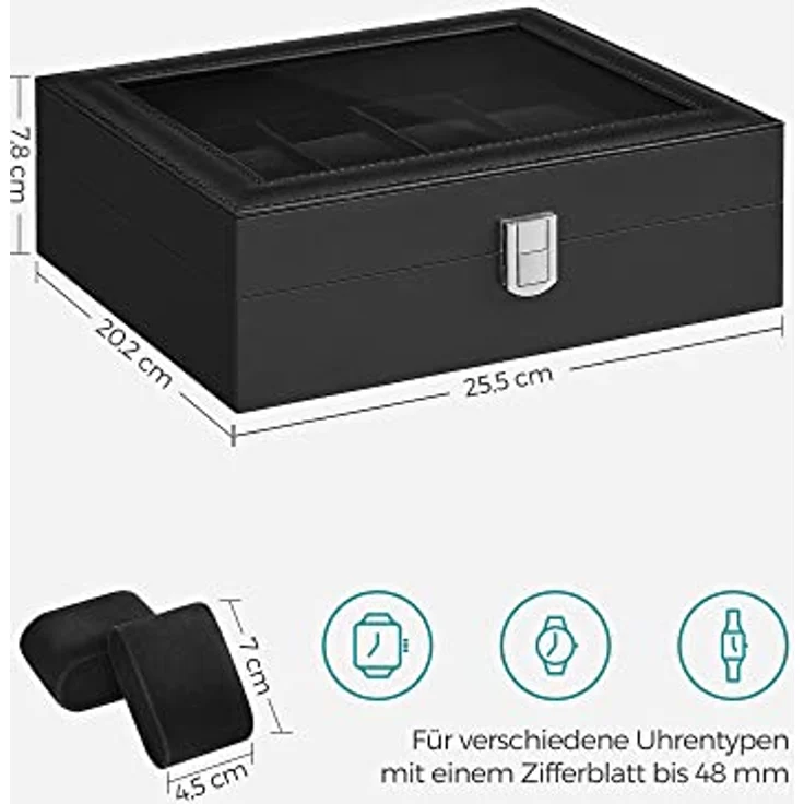 SONGMICS Uhrenbox mit 10 Fächern, Uhrenkasten, Glasdeckel, Uhrenkoffer, herausnehmbare Uhrenkissen, Metallverschluss, Geschenkidee, PU-Bezug in Schwarz, Innenfutter in Schwarz – Bild 7