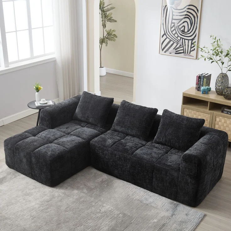 EINHOM Modernes Sektionssofa, L-Sofa, 3-Sitzer-Sofa, keine Installation erforderlich, Chenille-Sofa mit Chaiselongue und Armlehnen, 3 Kissen, Seitentasche für Fernbedienung, Schwarz – Bild 6