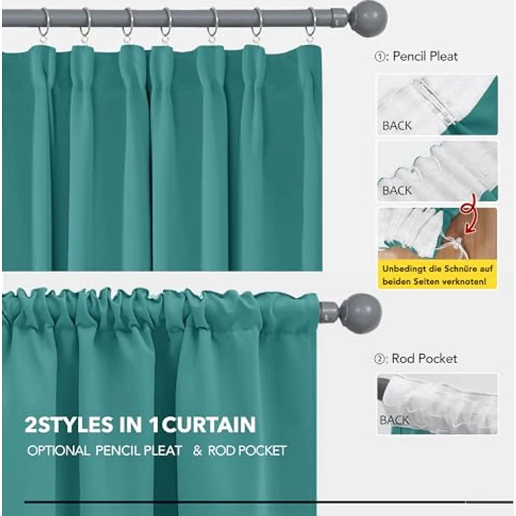 Deconovo Gardinen Vorhang Blickdicht Verdunklungsvorhänge UV-Schutz Türkis | 2er Set, H 245 x B 140 cm, Thermogardine, für Wohnzimmer, Curtains for Bedroom, für gegen Hitze, Gardinen mit Kräuselband – Bild 6