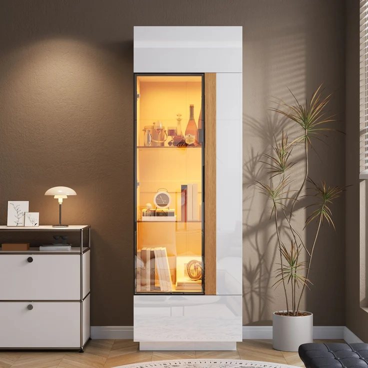 Vitrinenschrank 60x40x180 cm in Weiß, mit Glastür, App-LED und Hochglanzfronten – Bild 3