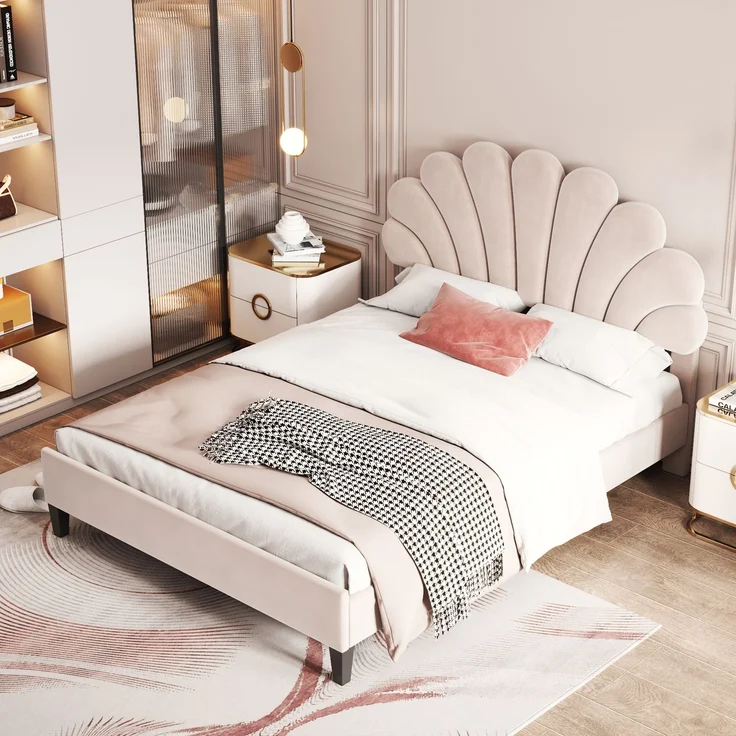 Polsterbett Doppelbett 140 x 200 cm, Bettrahmen mit blumenförmigem Kopfteil und Lattenrost, Erwachsenen-Jugendbett in hautfreundlichem Samtstoff, Gästebett Beige – Bild 3