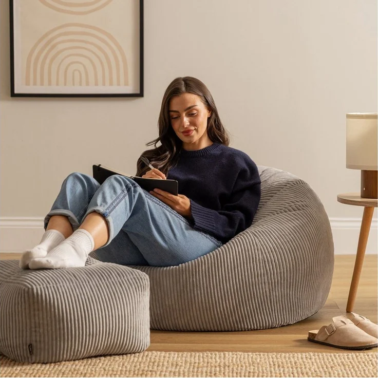 Icon Kingston Sitzsack mit Hocker Cord, Grau, Sitzsack Erwachsene mit Füllung, Bean Bag, Cord Sessel, Lounge Sessel, Lounge Stuhl, Schlafzimmer, Wohnzimmer, Wohnzimmer Möbel