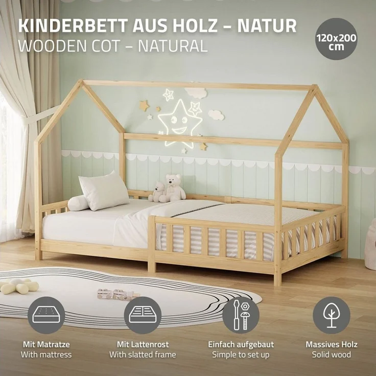 ML-DESIGN Spielbett Hausbett Kinderbett inkl. Lattenrost kreativ Bodenbett für Kinder, Abenteuerbett mit Matratze H-16 cm 120x200cm Holzbett Bettgestell – Bild 2
