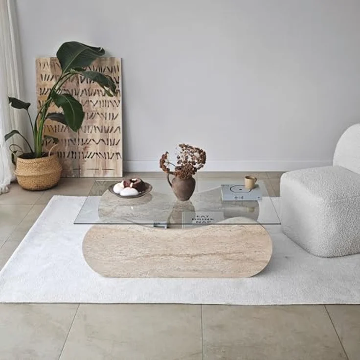 Modern Coffee Table, 105 cm Width, 35 cm Height, 65 cm Depth | 100% Tempered Glass & Melamine Coated Frame | Elegant Travertine & Transparent Design – Bild 5