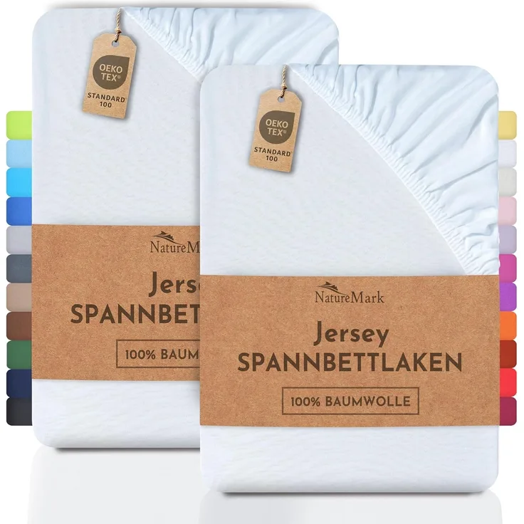 NatureMark 2er Pack Jersey Spannbettlaken, Spannbetttuch 100% Baumwolle in vielen Größen und Farben MARKENQUALITÄT ÖKOTEX Standard 100 | 120x200 cm - weiß