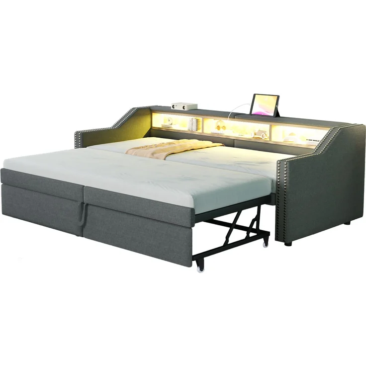Ausziehbares Schlafsofa 90/180×200 cm mit seitlichen Ablagefächern, USB-Anschluss, Leinenbezug & Lattenrost,Polsterbett,Dunkelgrau – Bild 6