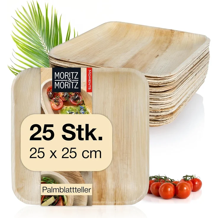 Moritz & Moritz Einweggeschirr-Set 25tlg Palmblatt Teller Eckig 25x25cm (25-tlg), 25 Personen, Palmblatt, Birkenholz, 25x25cm – Bild 1