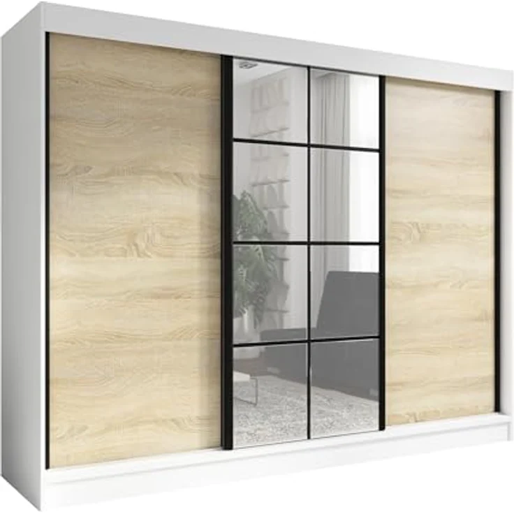 A&J MöbelLand GmbH Schwebetürenschrank ORAVELLE 3-türiger Kleiderschrank mit Spiegel, 4 Schubladen (Kostenlose Lieferung – nur für kurze Zeit! TOP ANGEBOT! Geräumiger Schrank mit einer Breite von 200 cm und Spiegel, ideal zur Aufbewahrung von Kleidung ... – Bild 2