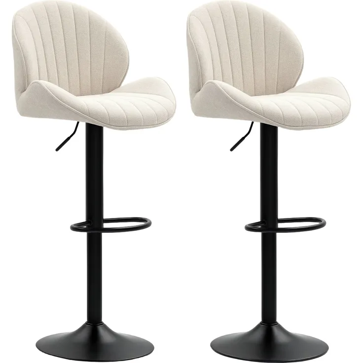 Set aus 2 Barhockern in Muschelform mit Fußstütze, aus Stoff in Chenille-Optik, 48 x 50 x 94–115 cm, schwarz und beige