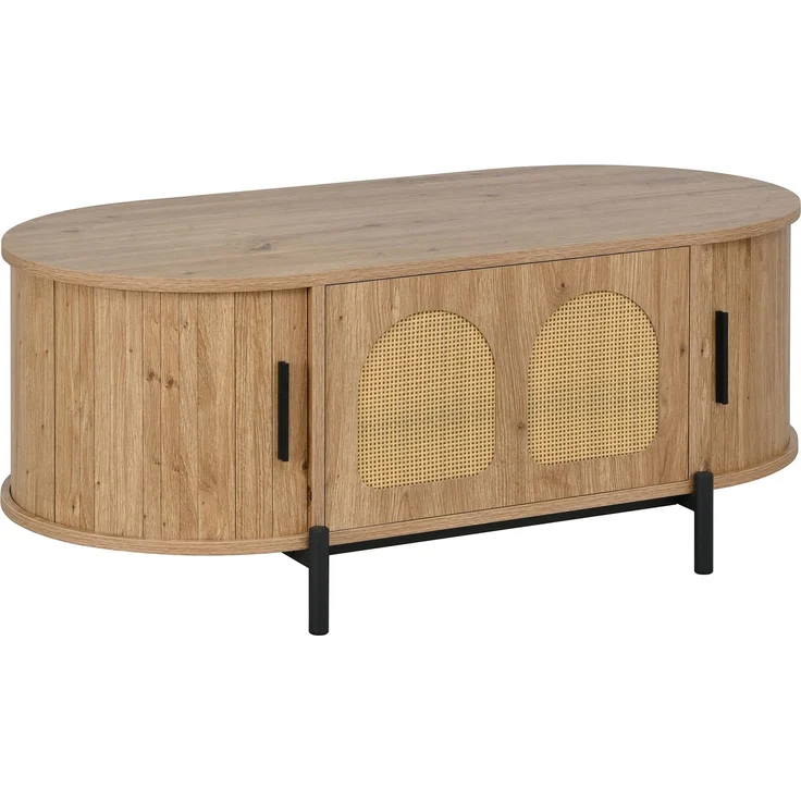 Couchtisch oval B 100 x T 50 x H 40 cm, MDF in Naturfarbe mit Rattan-Türen und Metallbeinen – Bild 6