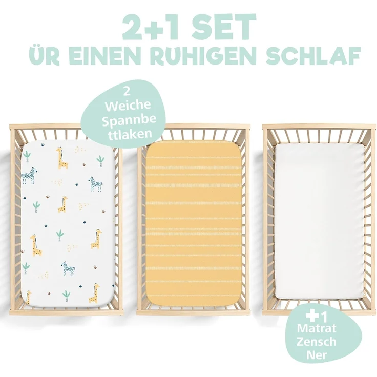 2X Spannbettlaken aus 100% Baumwolle mit Gummiband - 1X Matratzenschoner aus 100% wasserdichtem Material - 3er-Set - 55x90 cm - Savanne – Bild 2