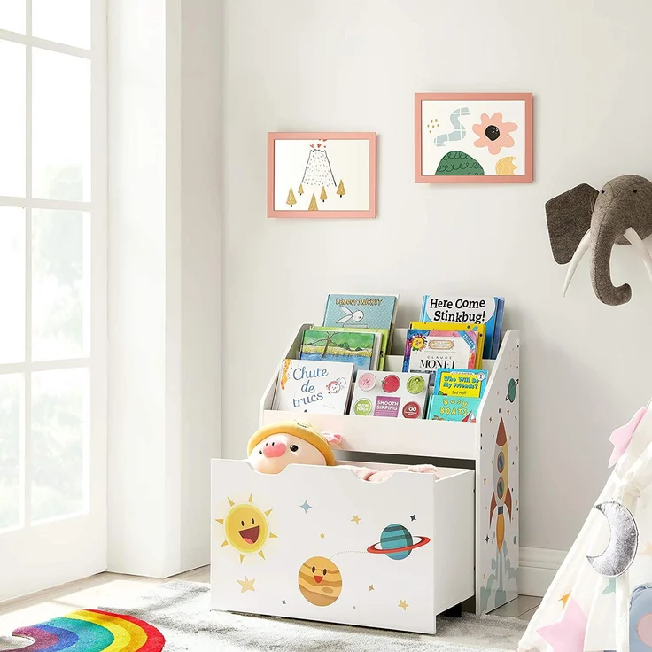 Songmics Spielzeugregal, Bücherregal für Kinder, Kinderzimmerregal mit 3 Fächern und herausziehbarer Spielzeugkiste mit Rollen – Bild 2