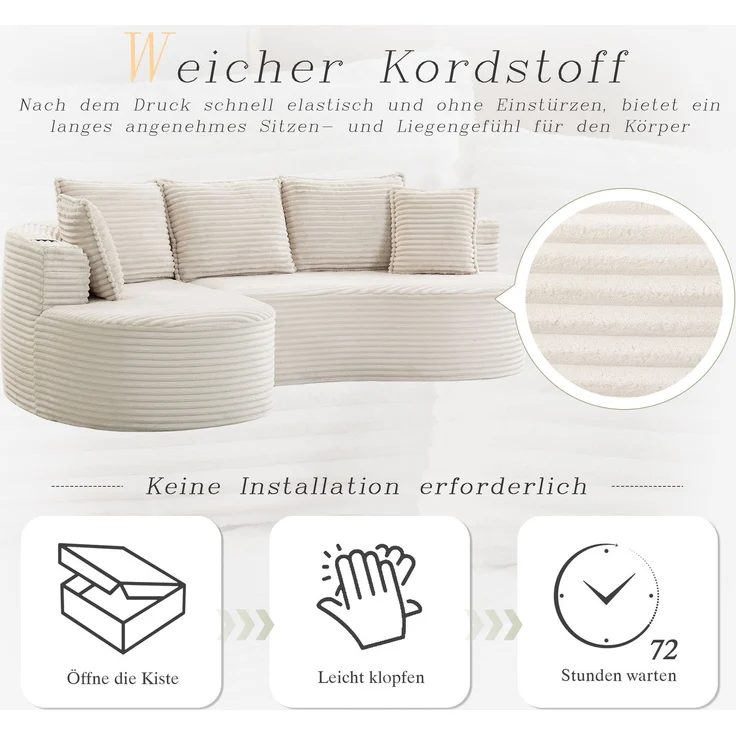 LVHOM Ecksofa L-Form, Cloud Sofa mit Tassenhalter und Seitentaschen, 3-Sitzer Sofa aus Cordstoff, kein Aufbau erforderlich, 250x152cm, Beige – Bild 5
