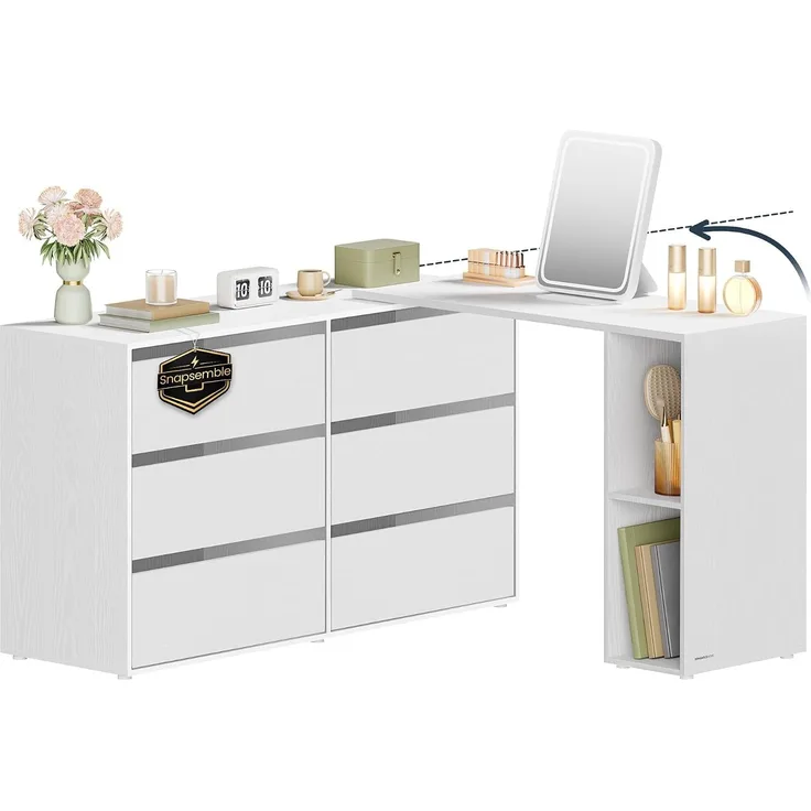 SONGMICS HOME Kommode, Schrank, Schminktisch mit Regal, Schnelle werkzeuglose Montage, nebeneinander oder L-förmig, für Schlafzimmer, Arbeitszimmer, Toolless-Technologie,schneeweiß