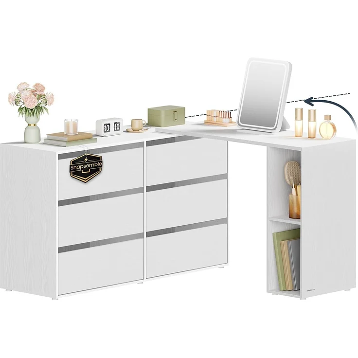 SONGMICS HOME Kommode, Schrank, Schminktisch mit Regal, Schnelle werkzeuglose Montage, nebeneinander oder L-förmig, für Schlafzimmer, Arbeitszimmer, Toolless-Technologie,schneeweiß – Bild 1