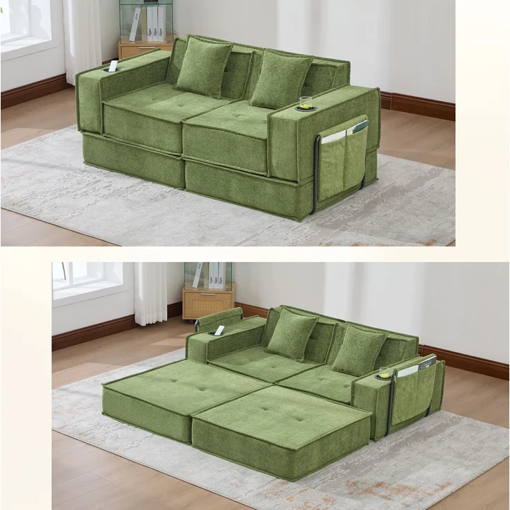2-Sitzer-Sofa, Chenille mit Seitentaschen & 2 Kissen, 162x78x66 cm, Grün – Bild 2