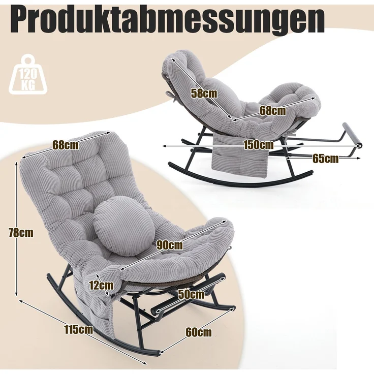 LVHOM Schaukelstuhl mit ausziehbarer Fußstütze, Rattanstuhl mit Stahlrahmen, Schaukelsessel mit gepolstertem Kissen und Seitentasche, Lounge Sessel, 1 St, Hellgrau – Bild 7