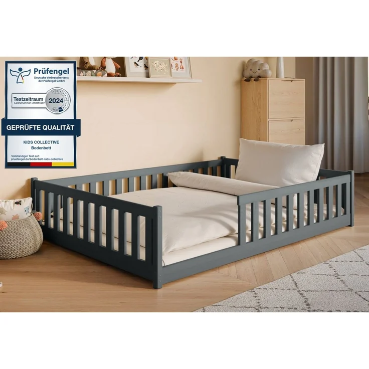 Kids Collective Kinderbett Bodenbett Bett mit Rausfallschutz & Lattenrost Montessori Bett Kinder (weitere Größen 80x160, 80x180, 90x190, 90x200, 120x200 cm), Jugendbett Einzelbett Graphit Kiefer 140x200 cm – Bild 1