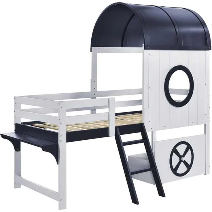 Halbhohes Kinderbett 90×200 cm mit Dach, Fenstern und Schublade, Weiß/Dunkelblau, ohne Matratze – Bild 6