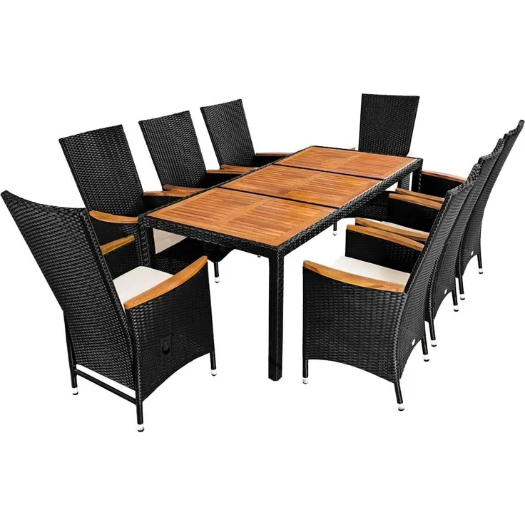 Casaria Garten-Essgruppe Akazie, (9-tlg), Polyrattan Akazie 8 Stühle Fuß- & Rückenlehne verstellbar 7cm Auflagen