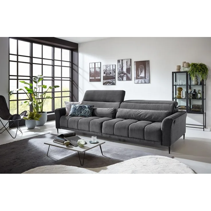 Iwaniccy Big-Sofa 2x elektr. Verstellung, Kissen, Cord dunkelgrau - 280x108x118cm BxHxT