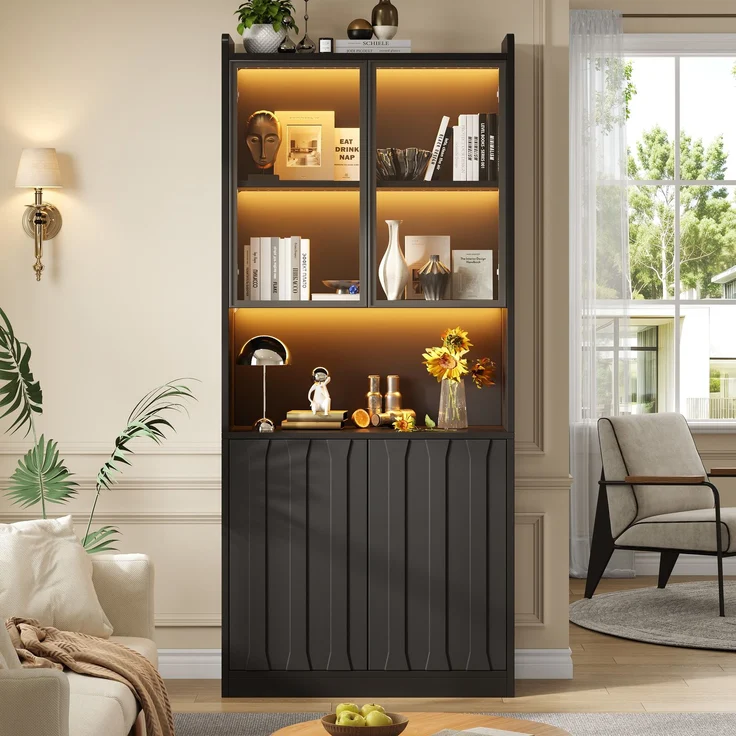 80x35x200cm LED Vitrine, Hochschrank mit Glasschranktüren, Hochschrank Glasvitrine mit LED und Offene Partition,Wohnzimmerschrank mit Glastüren, Küche, Arbeitszimmer, Eingangsbereich,Schwarz--Schwarz--80x35x200cm--YOUDENOVA – Bild 1