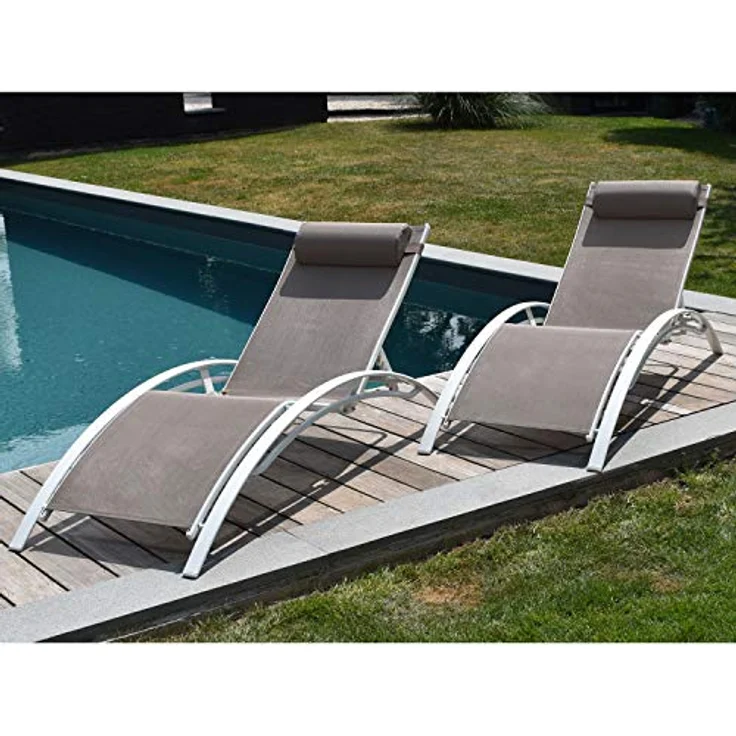 Happy Garden 2er-Set Sonnenliegen Galapagos, taupefarbenes Textilene mit weißem Aluminiumgestell, verstellbare Rückenlehne – Bild 5