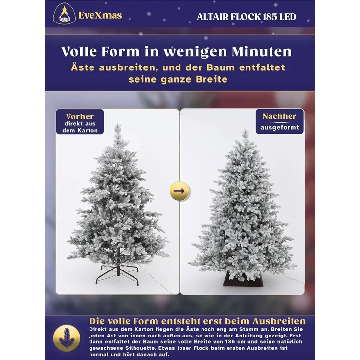 EveXmas Altair Flock Künstlicher Weihnachtsbaum Grün-Weiß 185 cm mit 360 LEDs – beschneite Optik, 100% PE Spritzguss, inkl. Metallständer – Bild 6