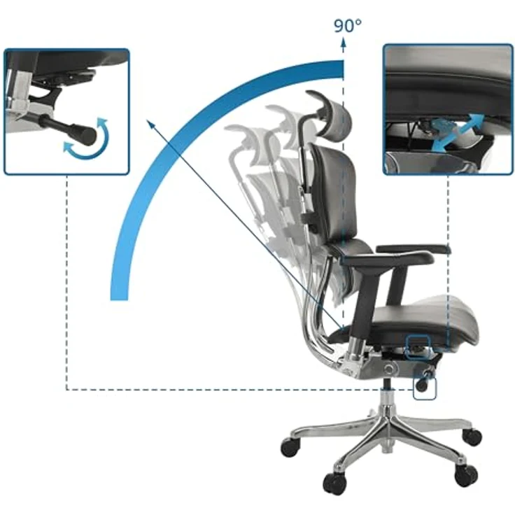 MID.YOU Drehstuhl Schwarz, Echtleder mit Armlehnen, ergonomische Rückenlehne, 78x117 - 136x64 cm – Bild 4