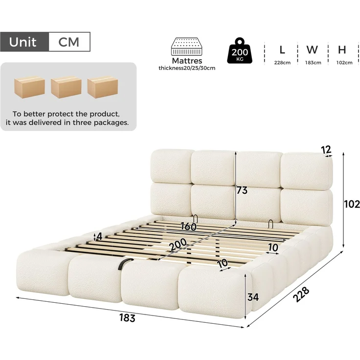 Gepolstertes Doppelbett, 160 x 200 cm, hydraulisch verstellbar, wolkenförmiges Bett, Stauraumbett, Bubble-Design, Lattenrost, mit Kopfteil und großem Stauraum, gepolstertes Kopfteil, weißer Schlingenveloursstoff. – Bild 4