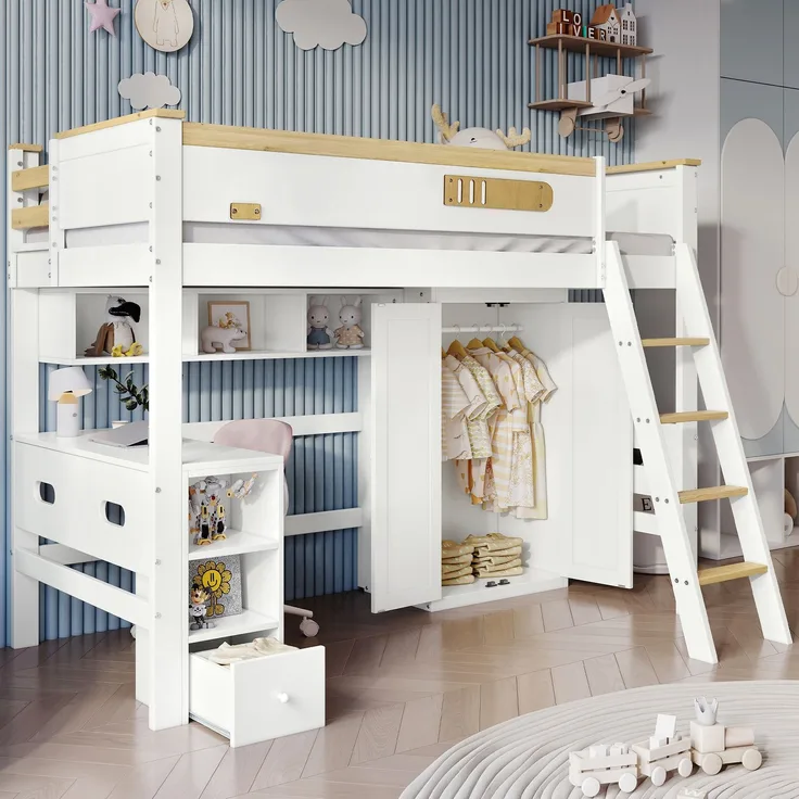 Etagenbett Kinderbett 90x200 mit Fallschutzgitter, Schreibtisch, Kleiderschrank, offene Regale
