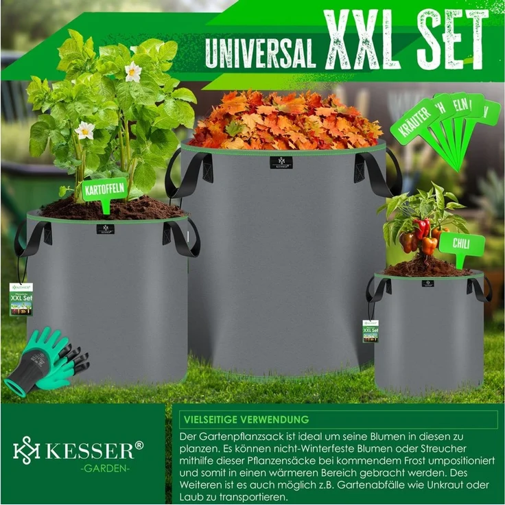 KESSER® Pflanzsack | Pflanzsäcke aus Vlies-Stoff mit Namensschildern | Kartoffel-Pflanztasche mit Fenster & Griffen | Pflanzbeutel für Gemüse Blumen Früchte Grau, 27 Liter, 5er Set – Bild 3