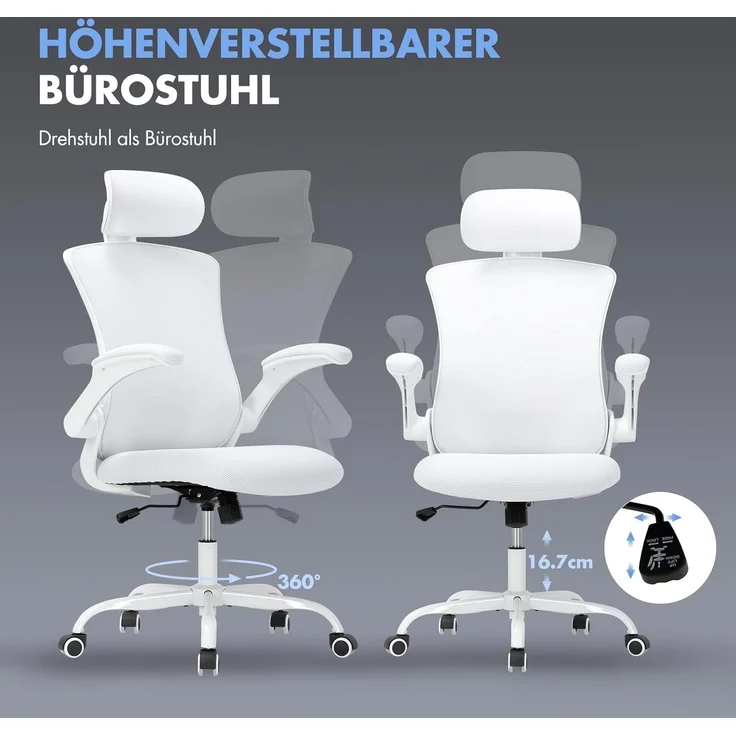 COLAMY Bürostuhl Ergonomisch, Netz-Schreibtischstuhl mit Verstellbarer Kopfstütze, Chefsessel Office Chair mit Lendenwirbelstütze, Verstellbarer Neigungsverschluss Drehstuhl, Weiß – Bild 6