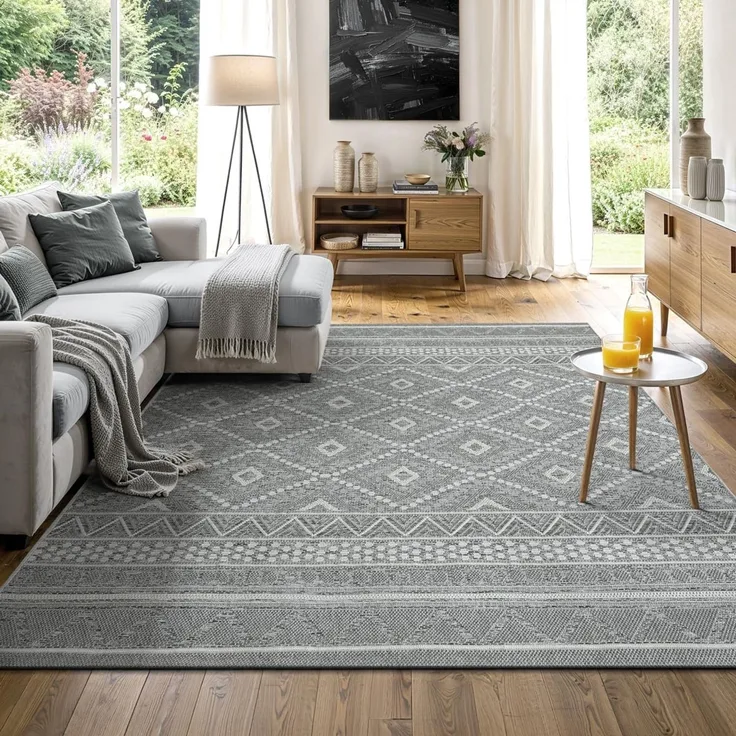 the carpet Calgary - robuster Teppich, Flachgewebe, modernes Design, ideal für Wohnzimmer, Esszimmer und Außenbereich, In- und Outdoor, Vintage-Optik, Boho-Style, Grau-Raute, 300x400 cm