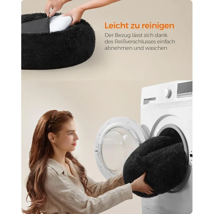 Feandrea Hundebett flauschig, Donut Kissen, waschbar, Polsterung in der Mitte herausnehmbar, Langer Plüsch, tintenschwarz, 60x20 cm – Bild 7