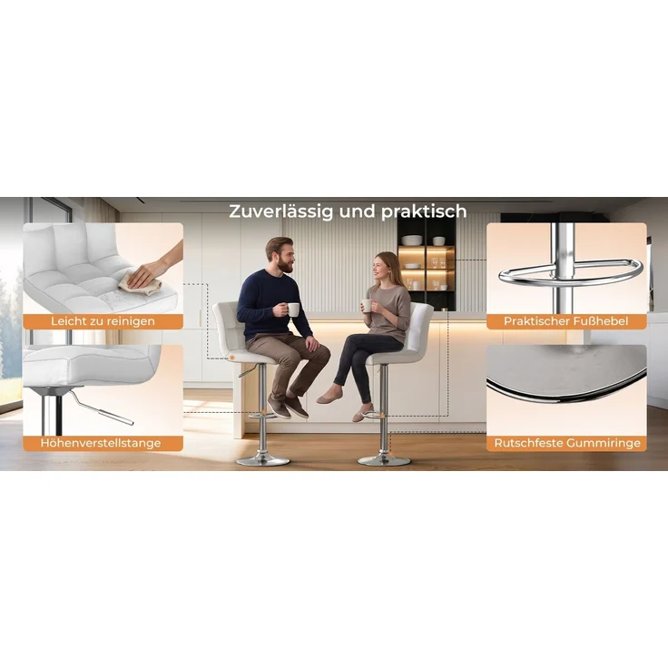Botifly 2er Set Barhocker Weiß Kunstleder, Höhenverstellbar 60-80cm, 360° Drehbare Barstühle mit Fußstütze, Gepolsterte Theke Hocker für Küche & Bar, SGS Zertifiziert, 46 x 45 x 55 cm – Bild 10